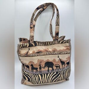 Vintage Jade African Safari Animals Upholstery Tote Bag Brown Double Handles 11"
